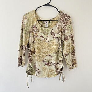 Y2K Boho Floral Print Top Women’s M Ruched Sides Forest Fairy Stretch Tee Earthy